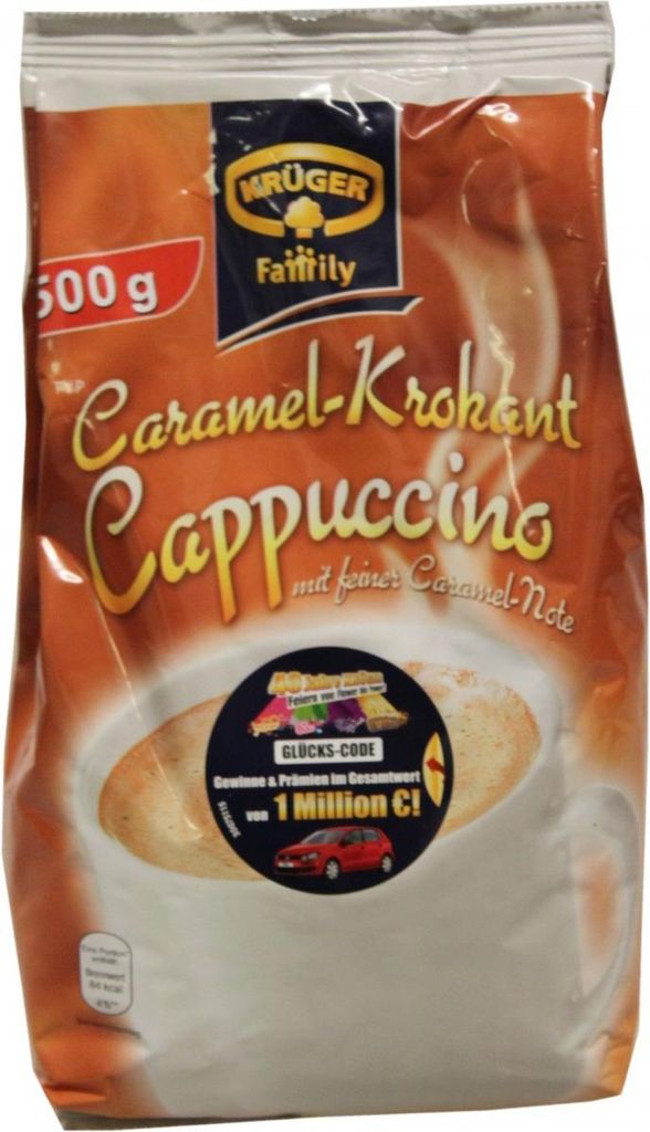 A bag of Krüger Family Cappuccino Caramel-Krokant.