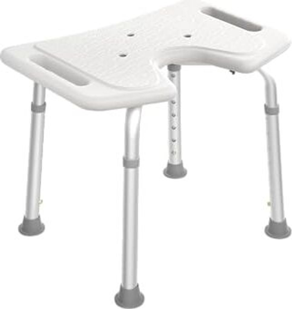 A white shower stool with adjustable legs on a white background.
