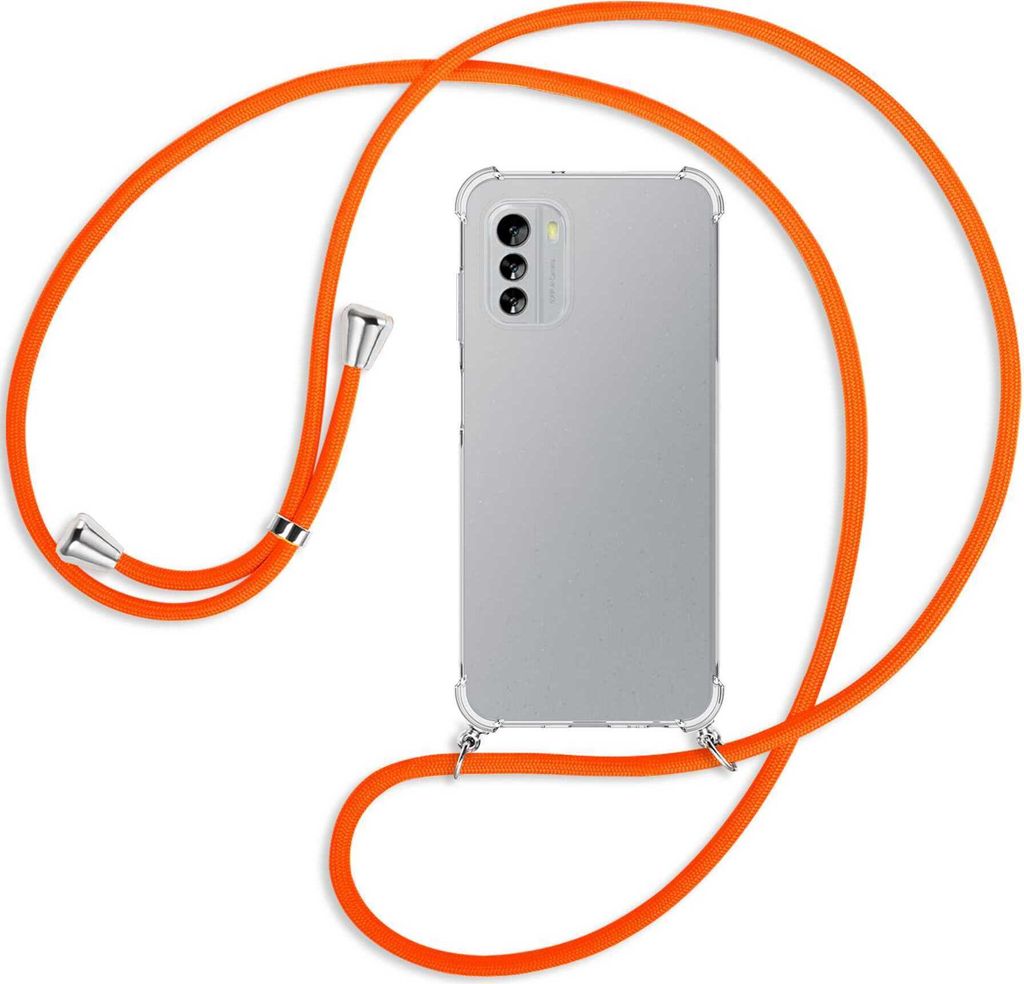 Handykette Backcover-Schutzhülle mit Band (Metall silberfarben) für Nokia G60 5G (6.58'') - neonorange