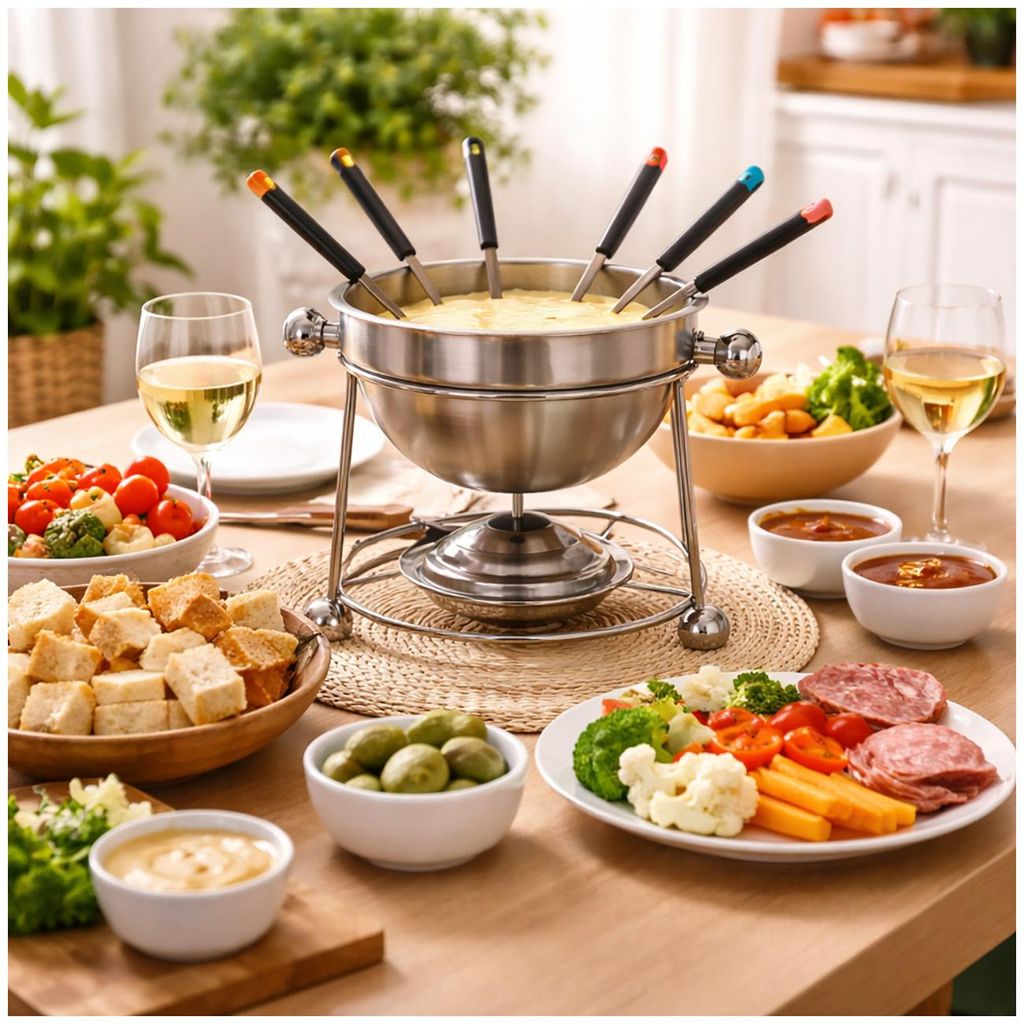 Fondue Set Edelstahl mit Keramikschale Stövchen und Gabeln