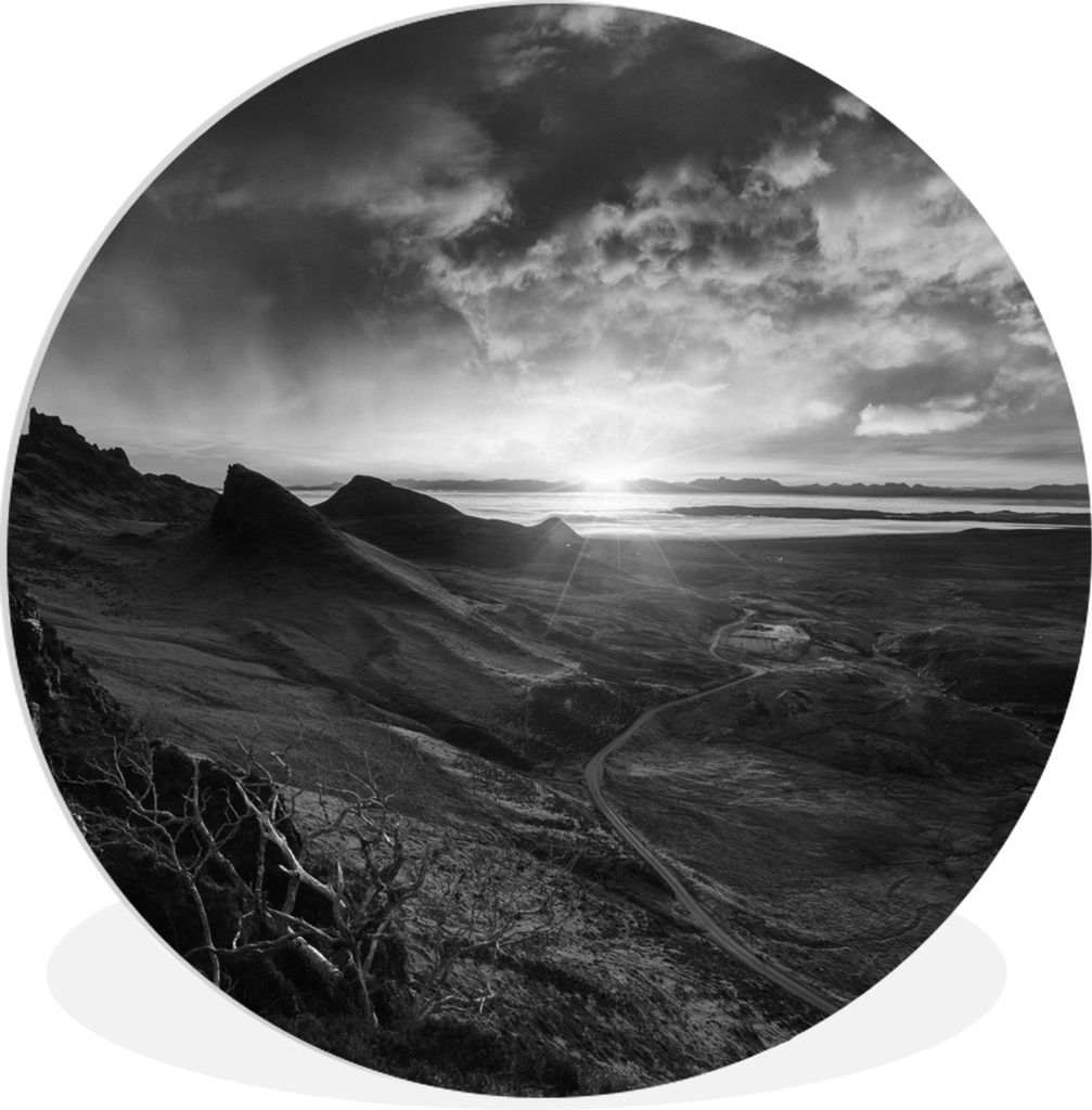 MuchoWow Rundes Wandbild - Runde Bilder Sonnenuntergang auf Skye in schwarz-weiß Ø 30 cm Kreis Wanddekoration Kunststoff - Wandkreis - Wandschm...