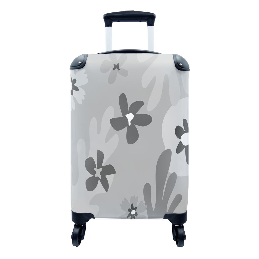 MuchoWow Koffer Handgepäck Trolley Rollkoffer Kleine Reisekoffer mit 4 Rollen - Hintergrund - Blumen - Schwarz - Weiß - Cabin Size < 55x40x23 c...