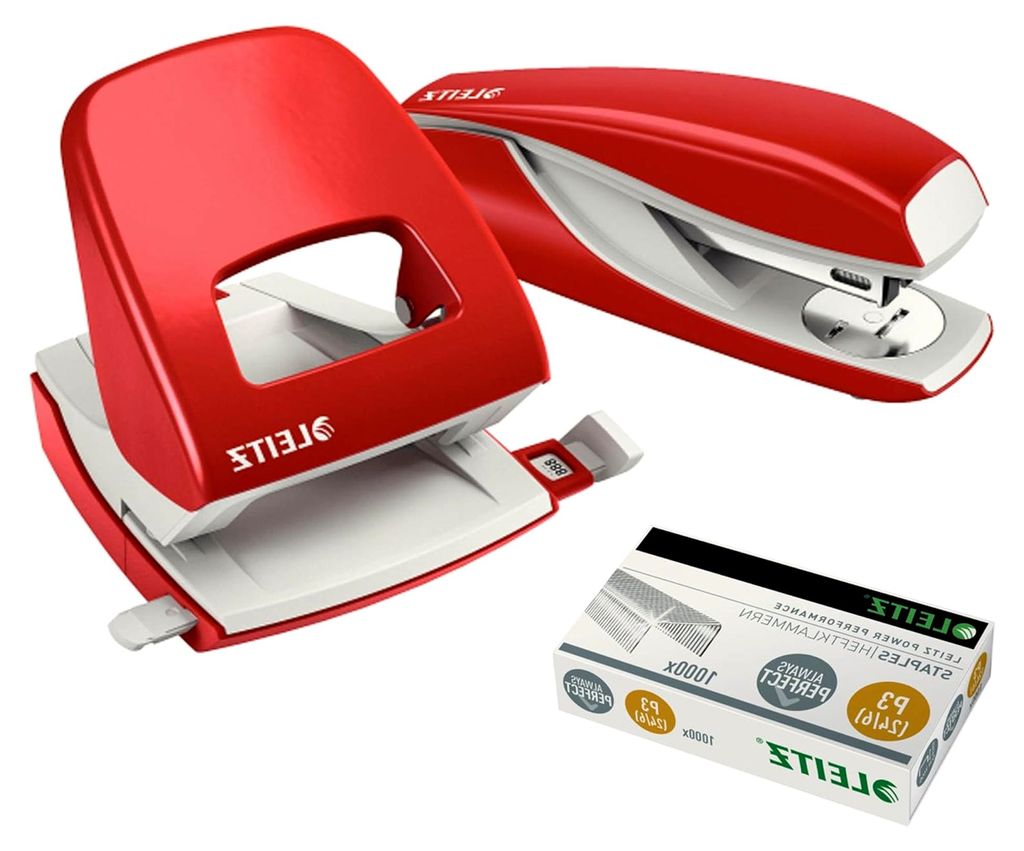 Bürolocher NeXXt Series, Metall, bis zu 30 Blatt/Kombi-Set mit Heftgerät + 1000 Klammern (rot)