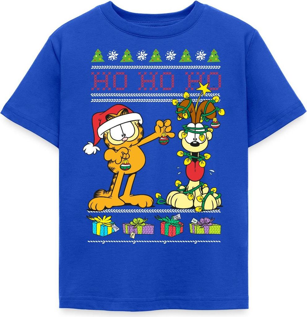 Spreadshirt Garfield Und Odie Hohoho Ugly Christmas Weihnachten Kinder T-Shirt, 122/128 (7-8 Jahre), Royalblau