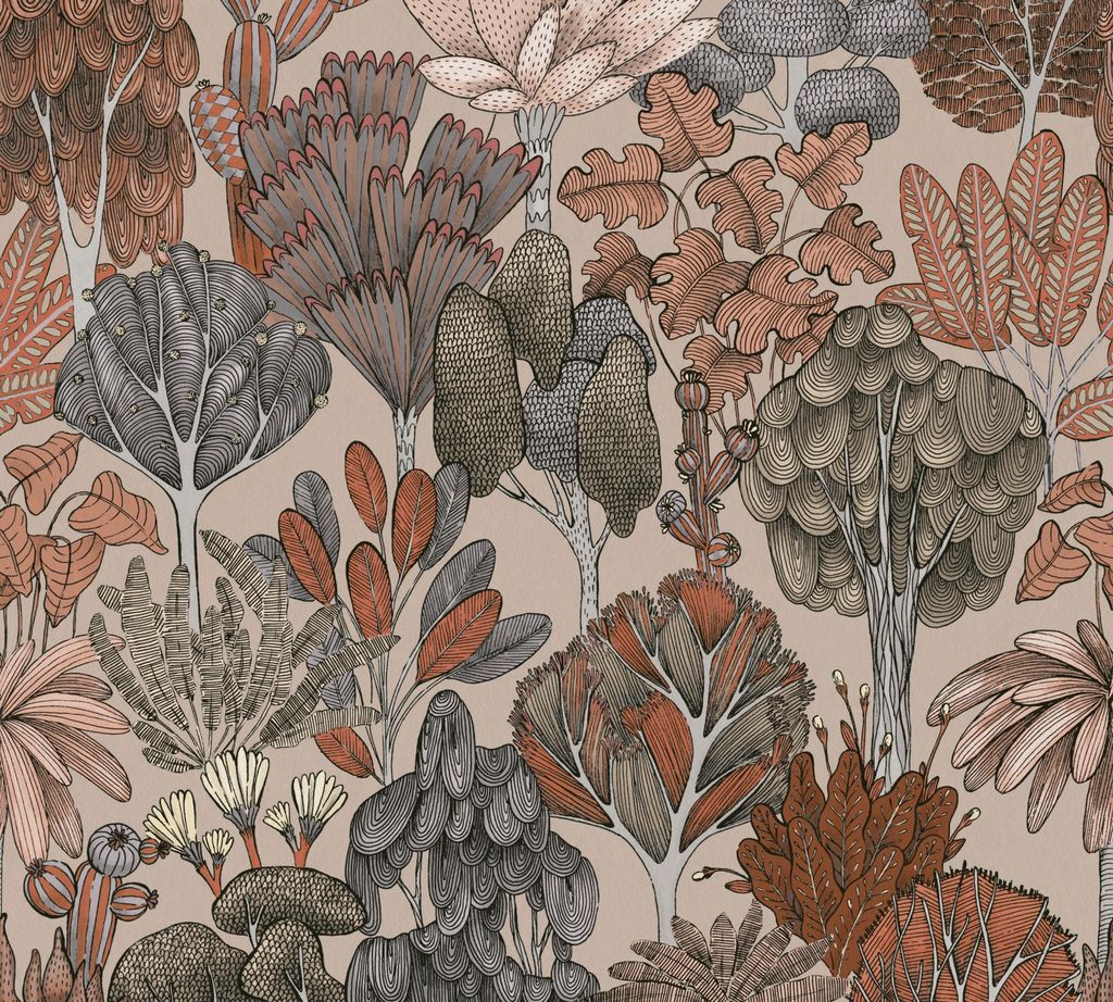 Architects Paper Dschungeltapete Floral Impression tropische Tapete Vliestapete beige rot orange grau creme 10,05 m x 0,53 m