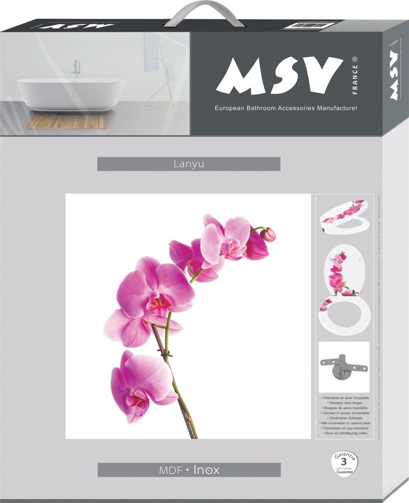 The image shows the packaging for a toilet seat with an orchid design. The packaging includes a picture of the product, brand logo, and product details.