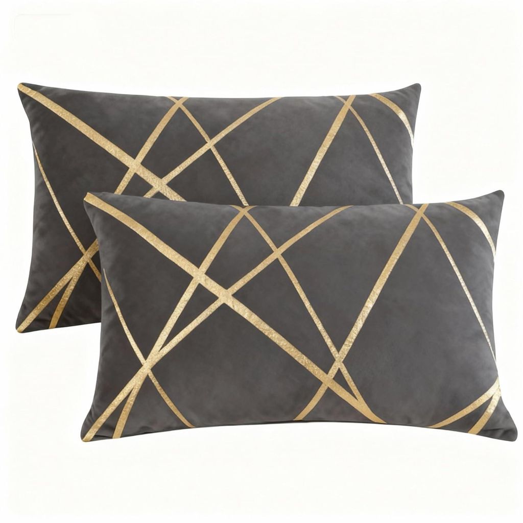 Samtkissenbezug mit goldener Linienzeichnung, 30x50 cm, grauer Dekokissenbezug für Wohnzimmer, Couch, Außenbereich, Schlafzimmer, Sofa.