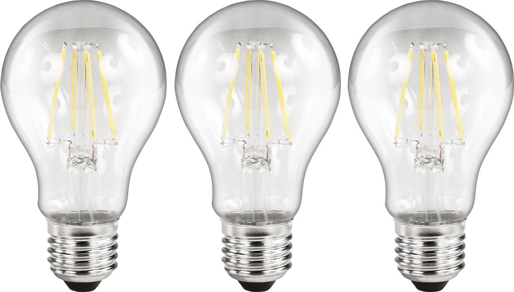 Three clear LED filament light bulbs are arranged side-by-side against a white background.