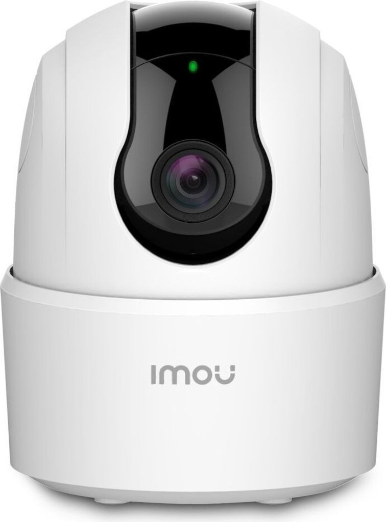 A white security camera with a black lens and a green indicator light.