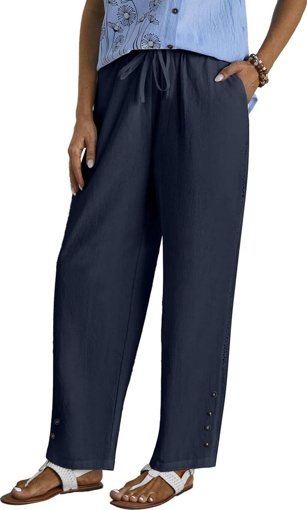 ASKSA Damen Leinenhose Casual Leicht Leinen Hose Gerades Bein Palazzo Freizeithose Einfarbig Hohle Sommerhose (Dunkelblau,XXL)