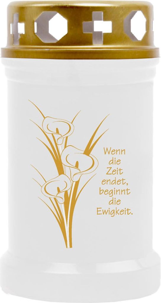 Grabkerze Weiß ( Druck Gold ), Brenndauer: 40 Stunden, Motiv: Calla
