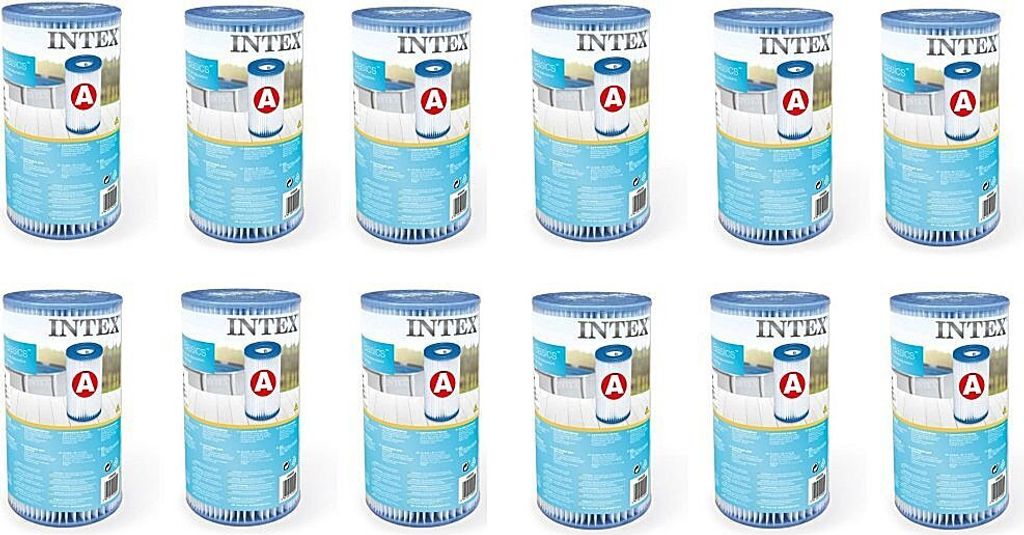 A grid of 12 identical Intex filter cartridges.
