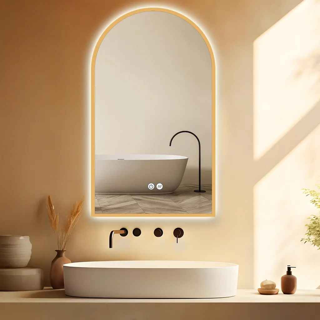 HOKO Specchio da bagno oro con illuminazione a led Arco 60x100/100x60cm, specchio da parete antiappannamento con interruttore a sfioramento, cambio luce, funzione memoria
