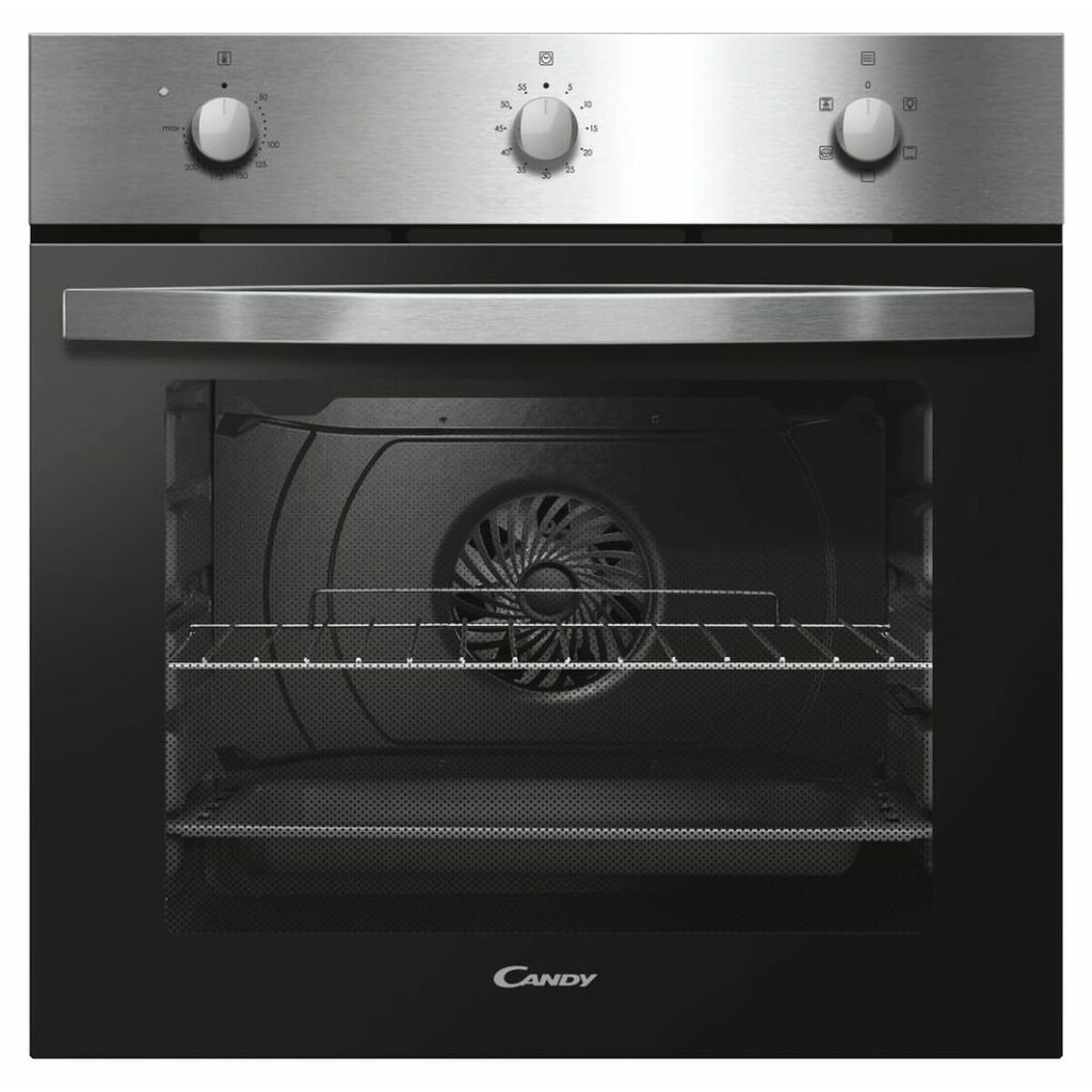 A front view of a black and silver Candy oven.
