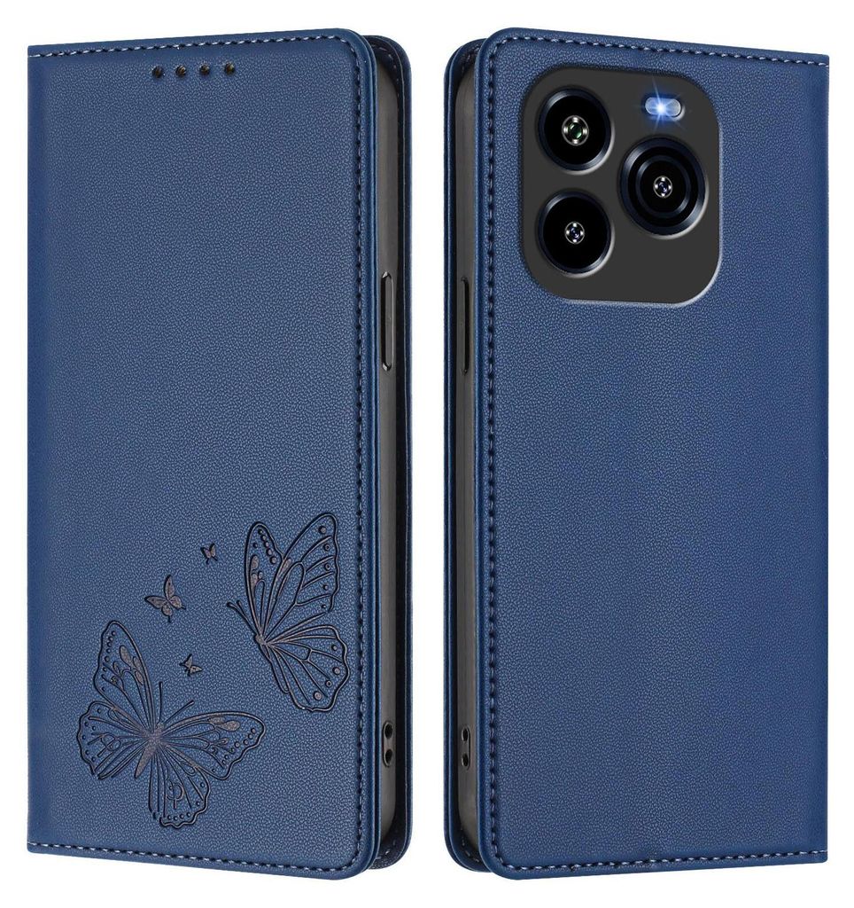 Lederhülle für Oukitel C65 / C65 Pro, Schmetterling Prägung Leder Brieftasche Schutzhülle mit Ständer Dunkelblau