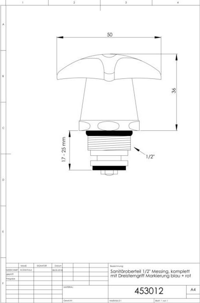 ASW Sanitär-Oberteil 453012 Markierung blau/rot 1/2", Messing, mit Metalldreisterngriff