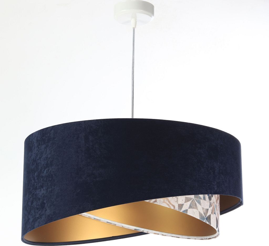 Hängelampe Stoff Metall E27 D: 50 cm rund H: max. 102 cm in Weiß Marineblau Beige (Vintage Print) Gold Modern Pendelleuchte