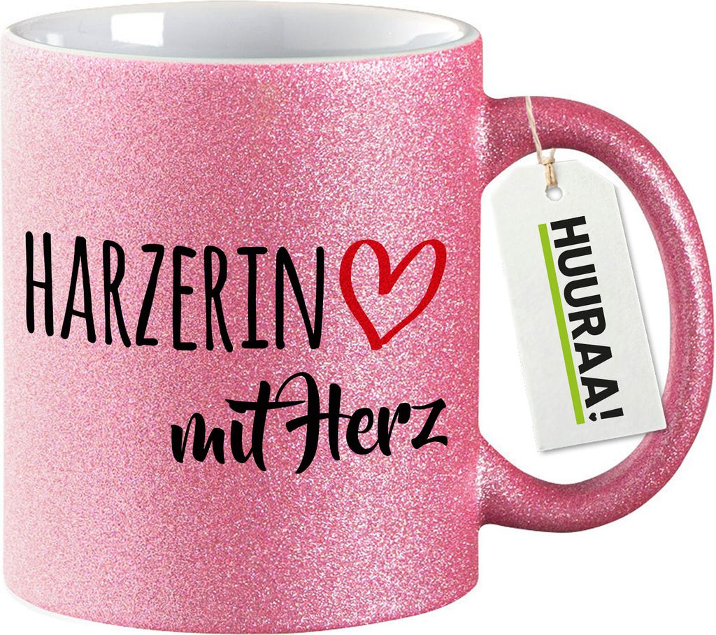 Huuraa Glitzertasse Harzerin mit Herz 330ml Pink Keramik Kaffeebecher Geschenkidee