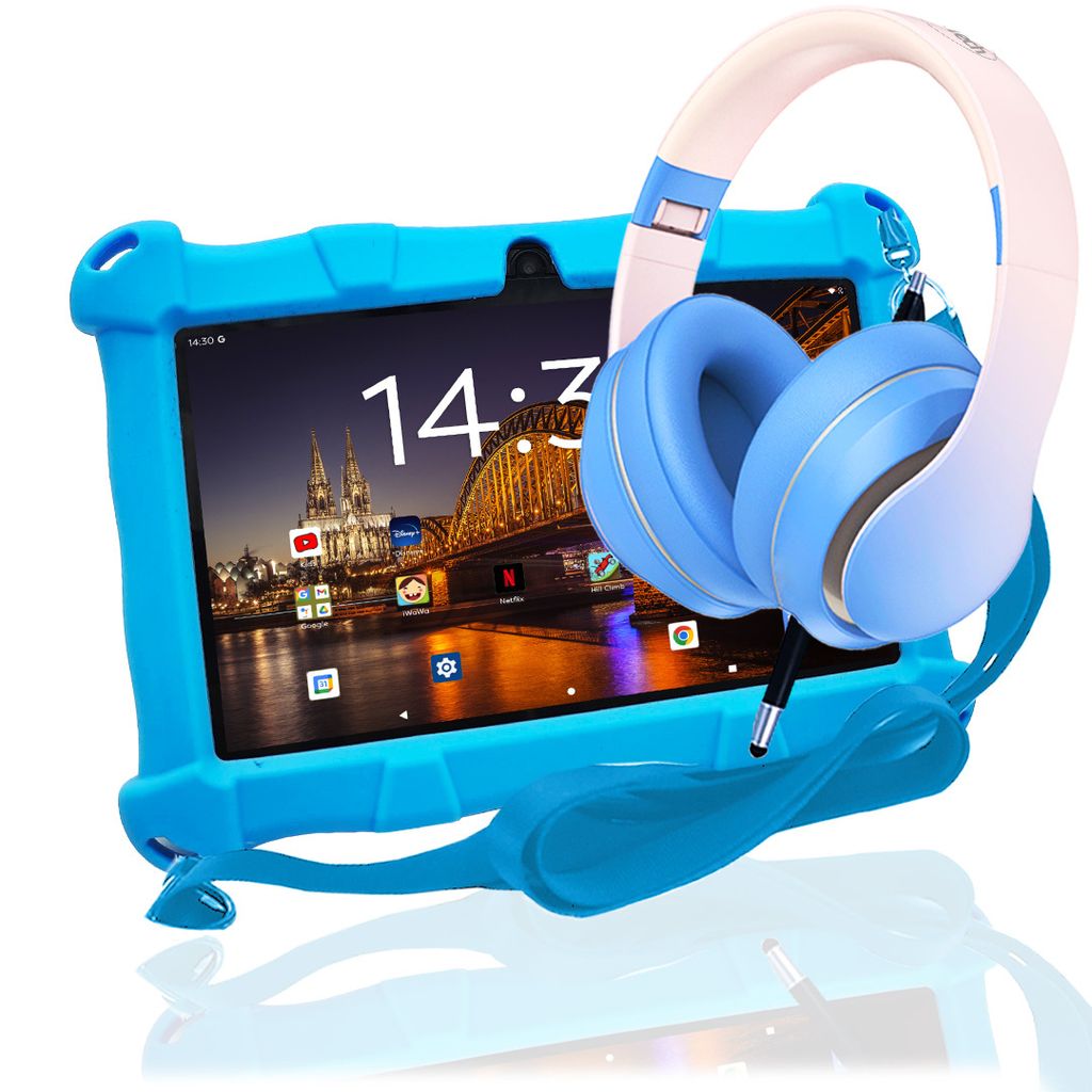 A blue tablet in a protective case and blue headphones are displayed against a white background.