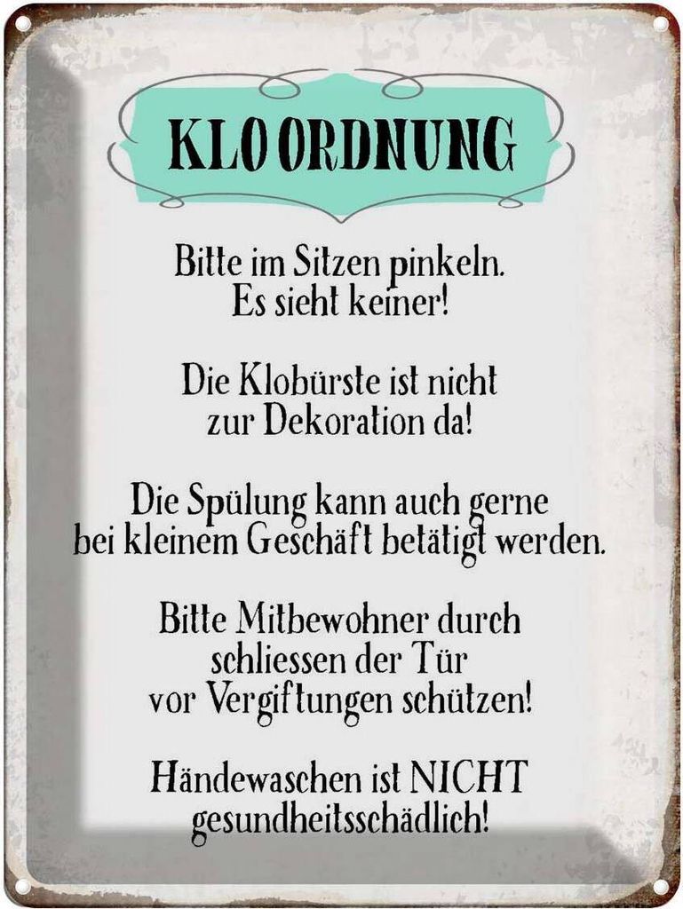 vianmo Blechschild 40x30 cm Klo Ordnung die Klobürste Spruch Zitat