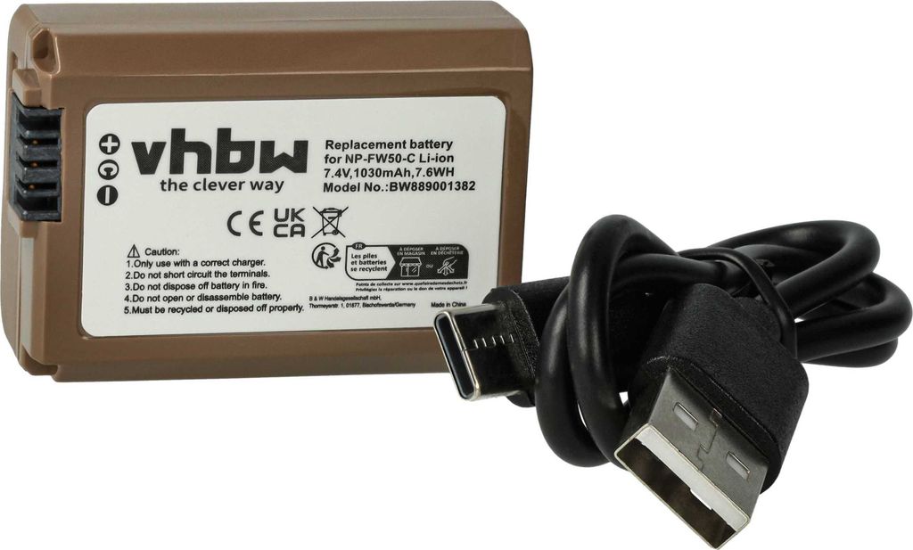 vhbw Akku kompatibel mit Sony Alpha NEX-C3YB, NEX-F3, NEX-F3B, NEX-F3D, NEX-F3K, NEX-C3KB Kamera (1030 mAh, 7,4 V, Li-Ion), Infochip, USB-C Buchse