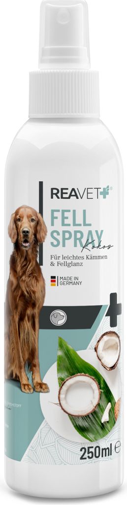 REAVET Fellpflege Pflegespray Kokos 250ml – Sanftes Fellspray für Hunde & Katzen, Entfilzungsspray & Kämmhilfe, für glänzendes Fell mit Kokos...