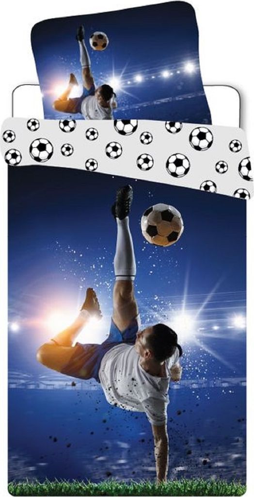 A duvet cover with a soccer theme, featuring a player in action and soccer balls.