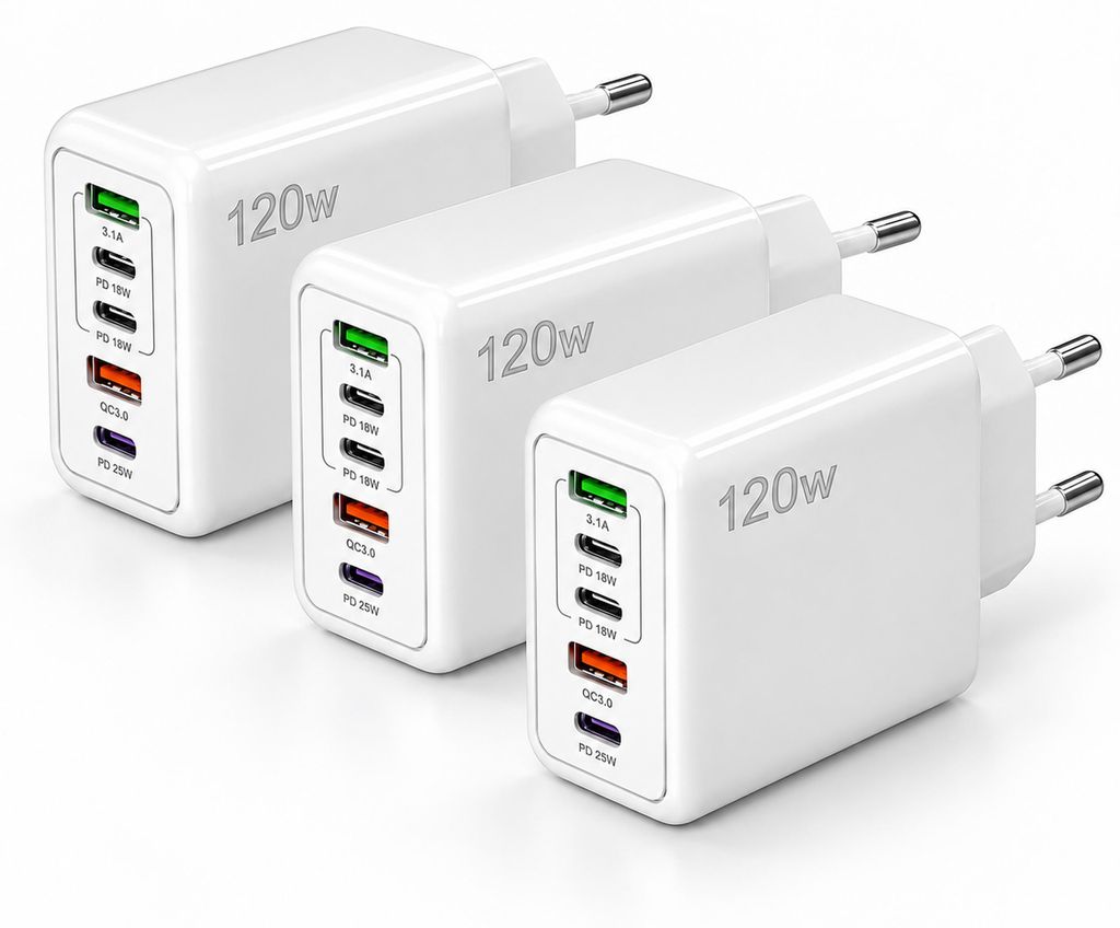 3x 120W USB-C Schnellladegerät – 5-Port Schnellladeadapter Produktbild 