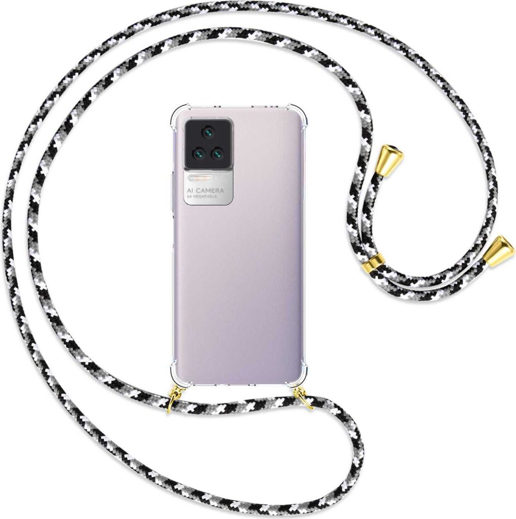 Handykette Backcover-Schutzhülle mit Band (Metall goldfarben) für Xiaomi Poco F4 5G / Redmi K40S - schwarz/grau/weiß