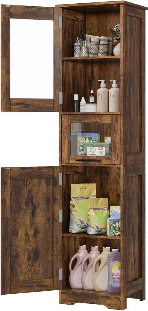 Armoire buanderie étroite et haute marron pour optimiser le rangement