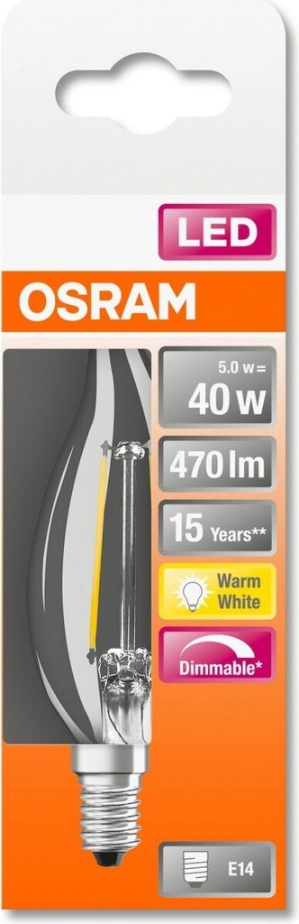 Osram LED Filament Windstoßkerze 4W = 40W E14 klar 470lm Produktbild 