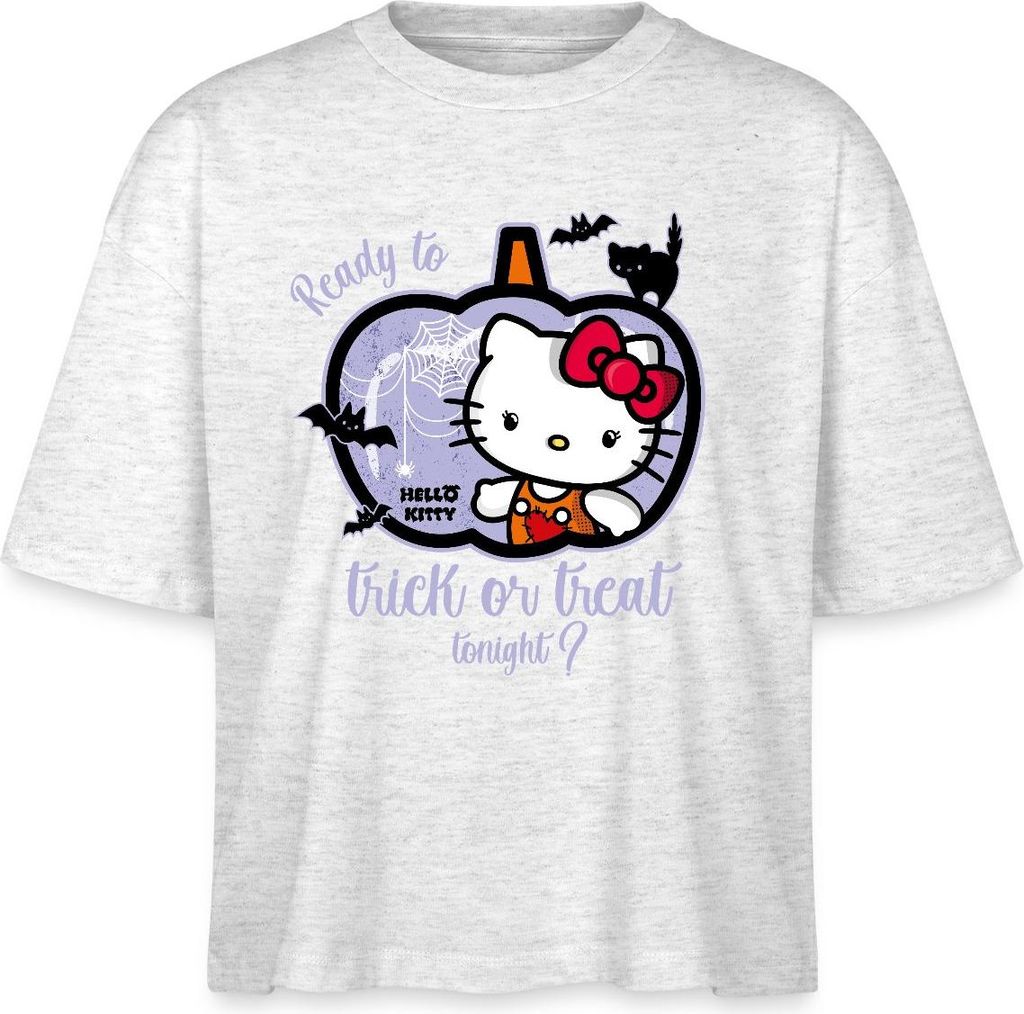 Spreadshirt Hello Kitty Halloween Süßes Oder Saures Boxy Shirt Damen, XL, Weiß meliert