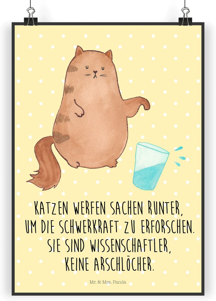 Mr. & Mrs. Panda Bild Katze Wasserglas DIN A3 - Gelb Pastell - Geschenk, Cat, Kunstdruck, Plakat, Neugierig, Katzen, Wandbild, Deko, Glas, drucke, ...