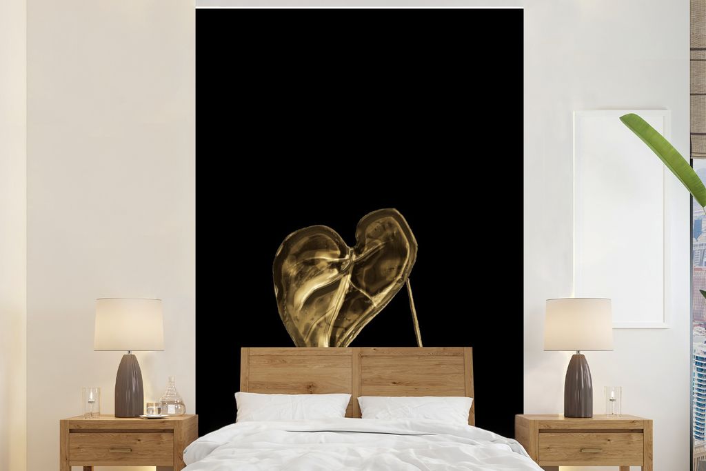 MuchoWow Fototapete für Wohnzimmer oder Schlafzimmer Wandtapete Vinyl Motivtapete Blatt - Herz - Gold - 225x350 cm - Schlafzimmer tapete