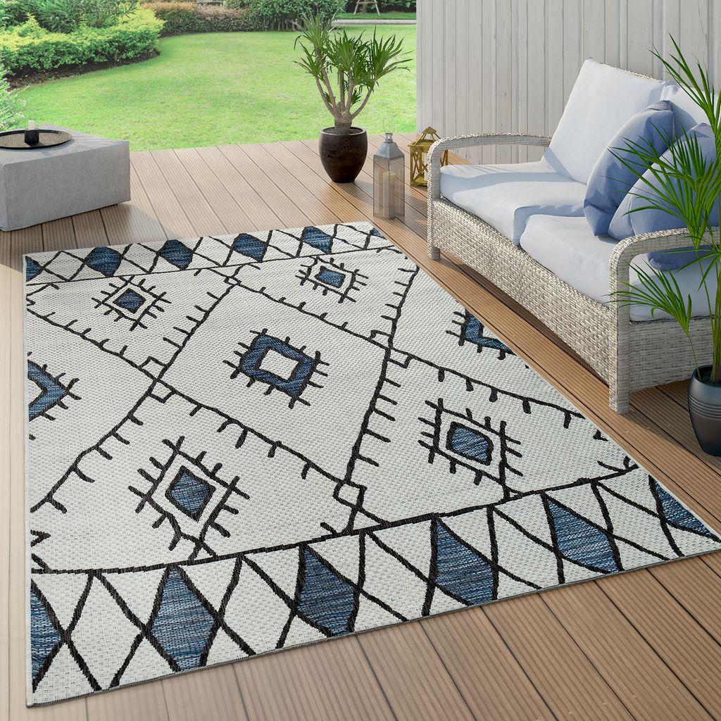 Flachgewebter In & Outdoor Teppich Ethno Abstraktes Geometrisches Design Blau