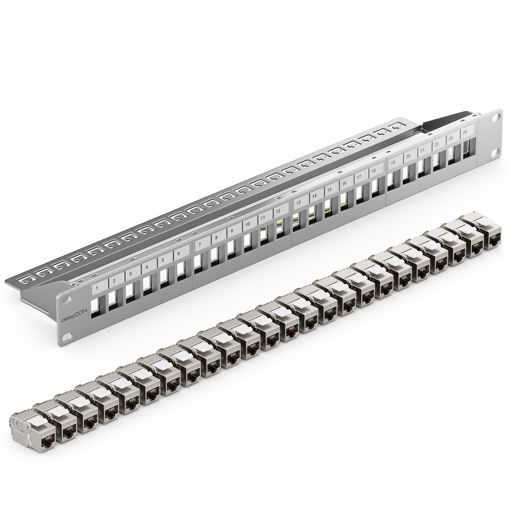 deleyCON 24 Port Patchpanel Set Patchfeld Modular 1 HE 19" Zoll Rackeinbau + 24x RJ45 Keystone Module CAT6a Kompatibel mit CAT5 CAT6 CAT7 LAN Netzw...