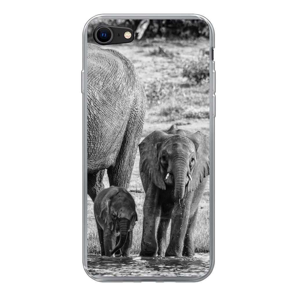 MuchoWow Handyhülle Schutzhülle Hülle für iPhone 7 Elefant - Wasser - Tiere - Schwarz - Weiß Silikon Softcase Handy Hülle - Kartenhalter
