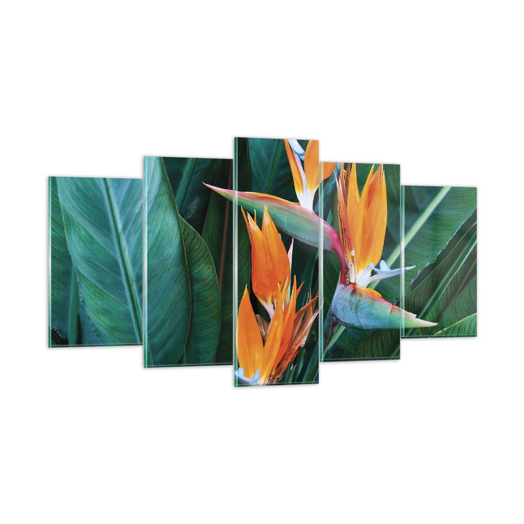 Bilder auf glas - 5 Teile - Himmlisch Vogel Blume - 160x85cm - Glasbilder - Wandbilder - Bilder - zum Aufhängen bereit - Wanddekoration aus Glas -...