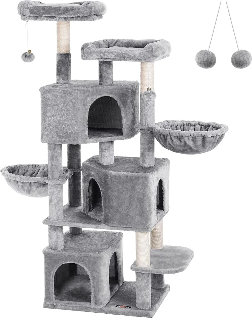 Arbre à chat géant multi-niveaux 164 cm avec 3 niches pour chats gris