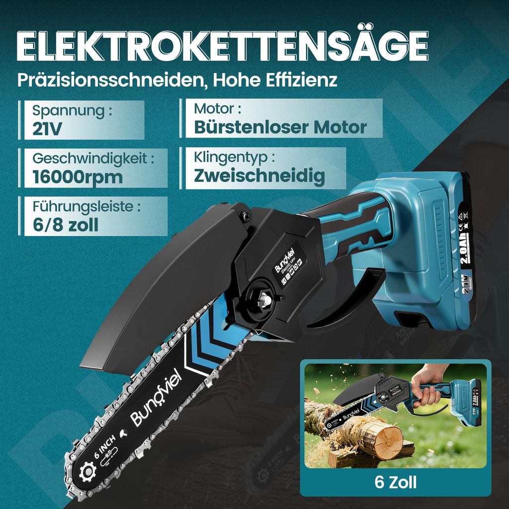Mini Kettensäge mit Akku, 6 + 8 Zoll Akku Kettensäge mit 2 Produktbild 