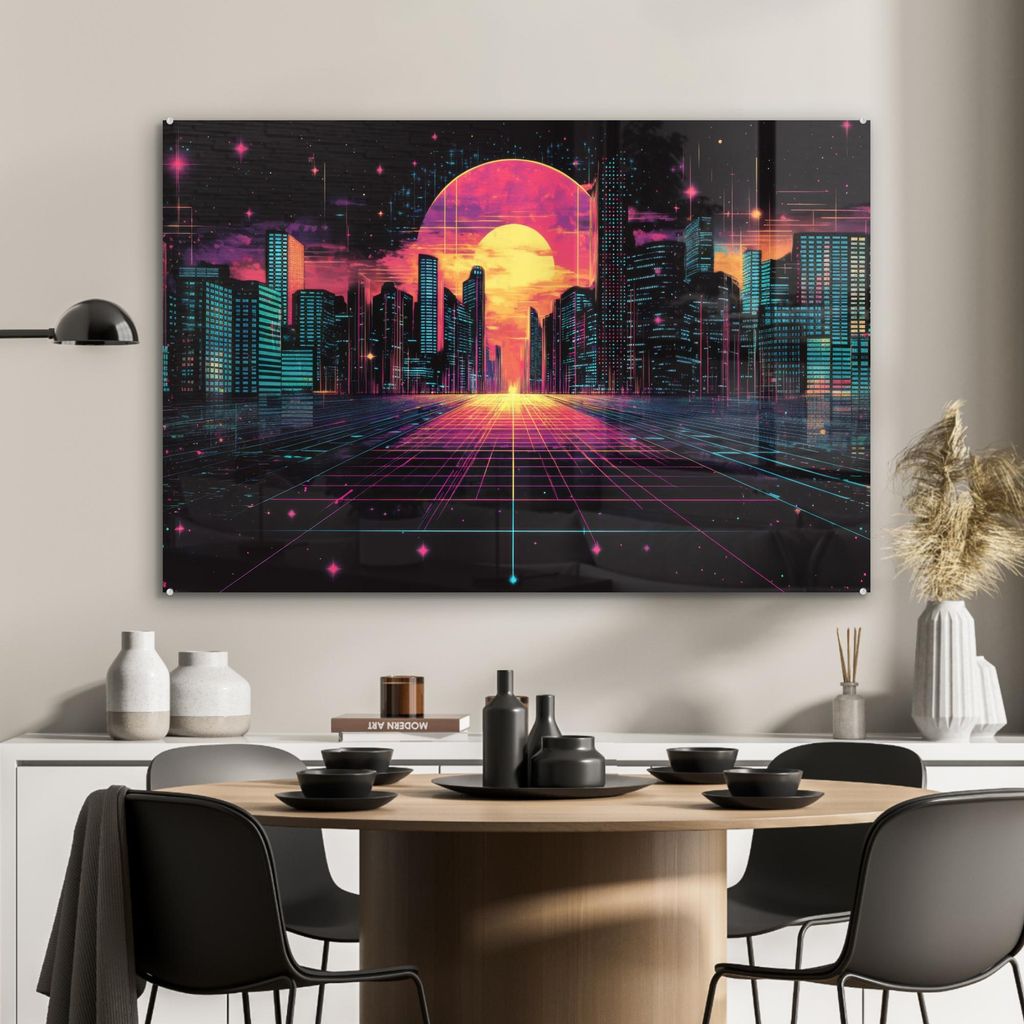 MuchoWow Glasbilder - Bilder auf Wandbild - Foto auf Glas Stadt - Gebäude - Sonne - Gelb 90x60 cm Wanddekoration aus Glas - Acrylglasbild - Acrylb...