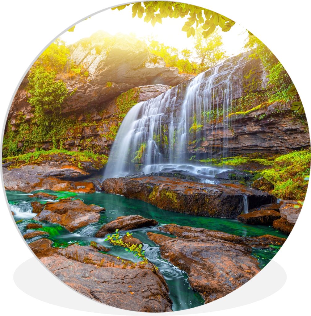 MuchoWow Rundes Wandbild - Runde Bilder Natur - Wasserfall - Pflanzen - Bäume - Sonne Ø 60 cm Kreis Wanddekoration Kunststoff - Wandkreis - Wan...