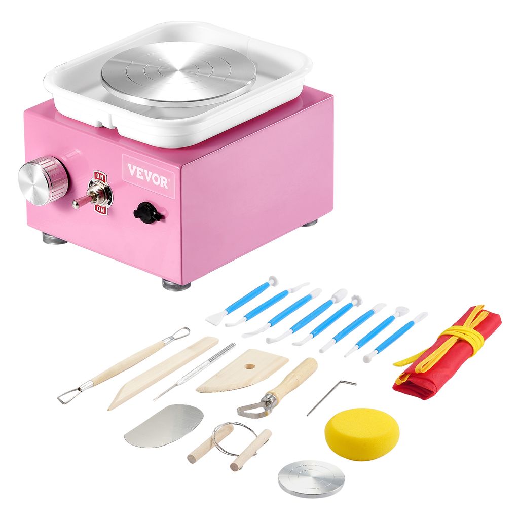 A pink mini pottery wheel and a set of pottery tools are displayed on a white background.