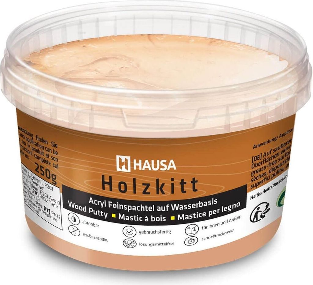 HAUSA Holzkitt 250 g Buche Mittel Holzspachtelmasse, Kitt für Holz, Holzspachtel/Füllmasse zum Reparieren von Holzschäden gebrauchsfertig ausgez...