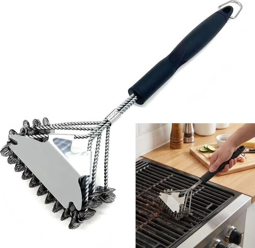 Grillreinigungsbürste 3-in-1, Edelstahl & Schaber, sicher kratzfrei, ergonomischer Griff, robust & effizient, für Weber, Keramik, Gas- & Holzkohl...