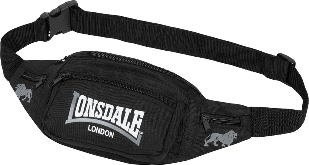 A black Lonsdale hip bag with the Lonsdale London logo in grey and white.