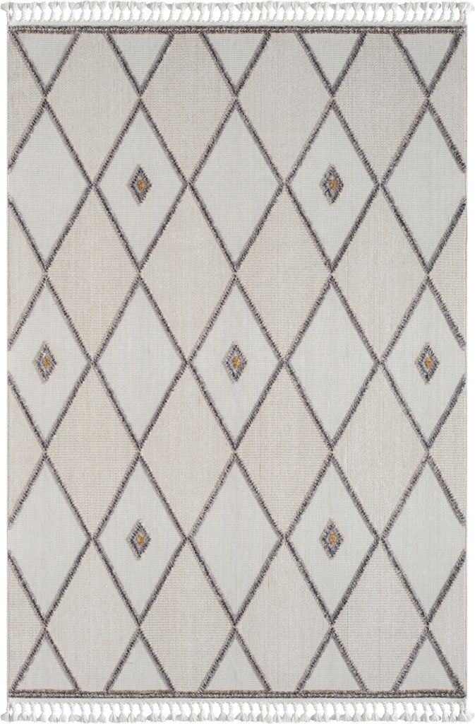 MY-RUG Teppich, Lina 2, 290x200, Weiß Grau, Kurzflorteppich, moderne Hoch-Tief-Struktur, Boho-Stil, mit Fransen, Rechteckig
