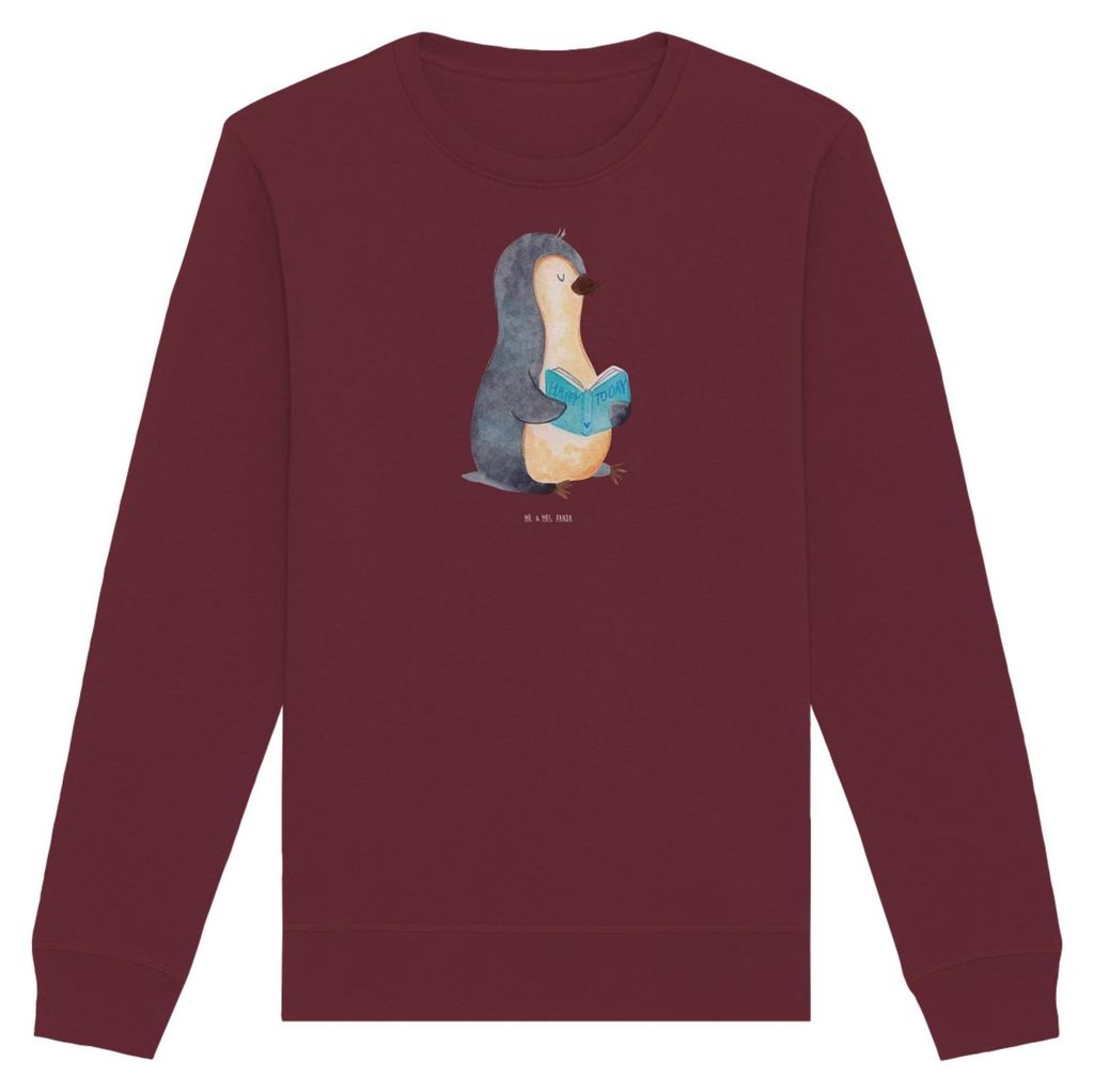 Mr. & Mrs. Panda Organic Sweater Pinguin Buch Größe XS - Burgundy - Geschenk, Baumwoll Pullover, Pause, Nachhaltiger, Urlaub, Nichtstun, Entspann...
