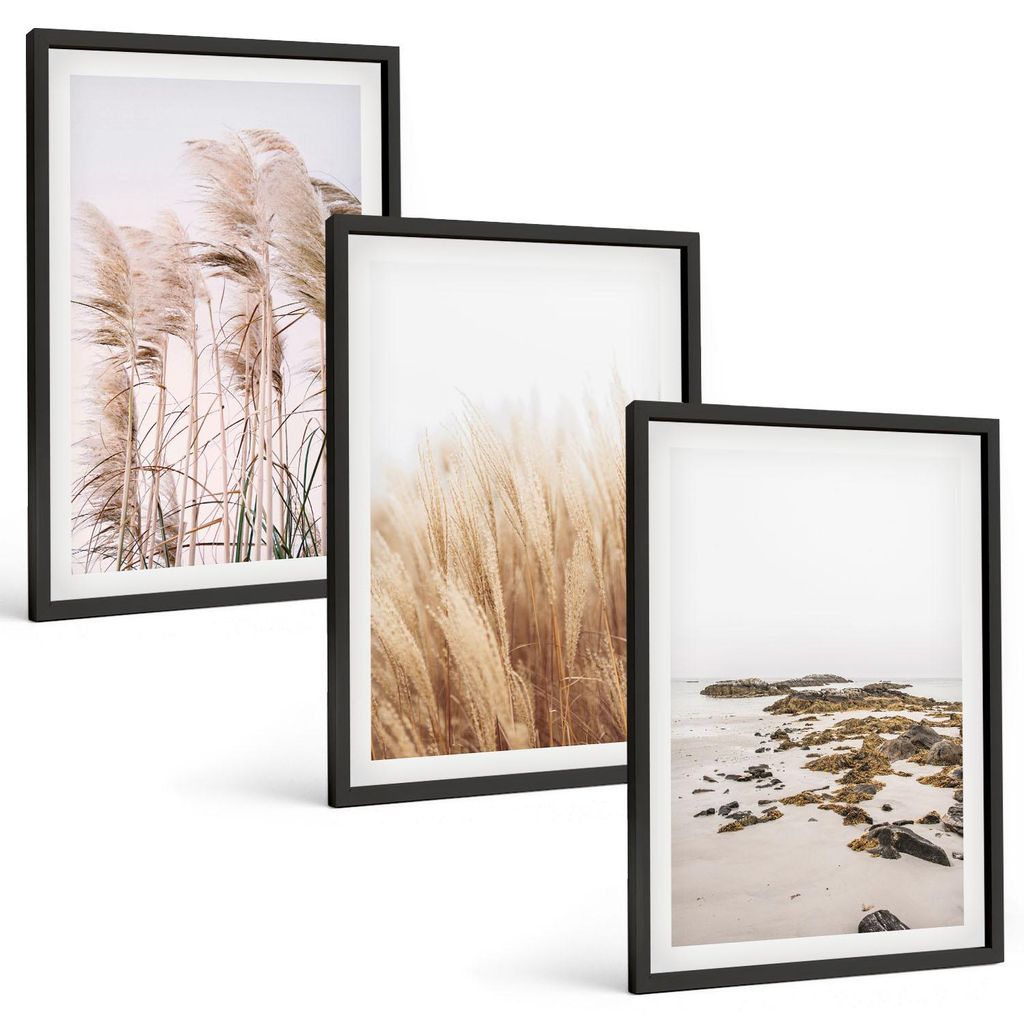 Bilder Set 3-teilig im schwarzen Rahmen – Wandbilder 3 Stück – gerahmte Poster für Wohnzimmer, Schlafzimmer und Flur – 40x60 cm – Pampasg...