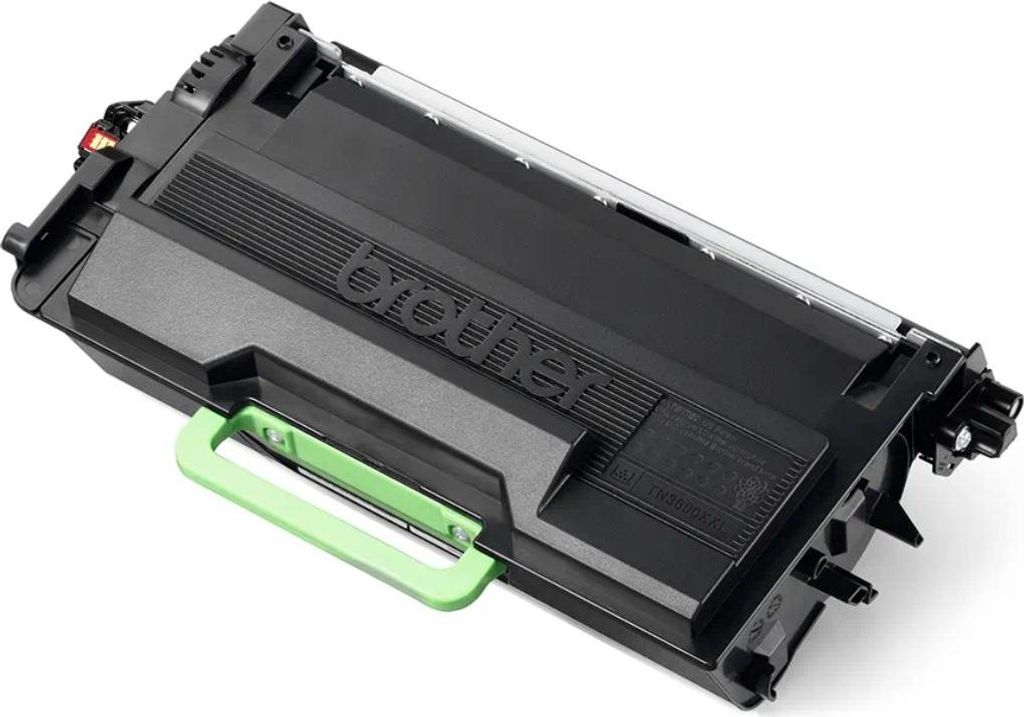 A black Brother toner cartridge with a green handle is shown against a white background.